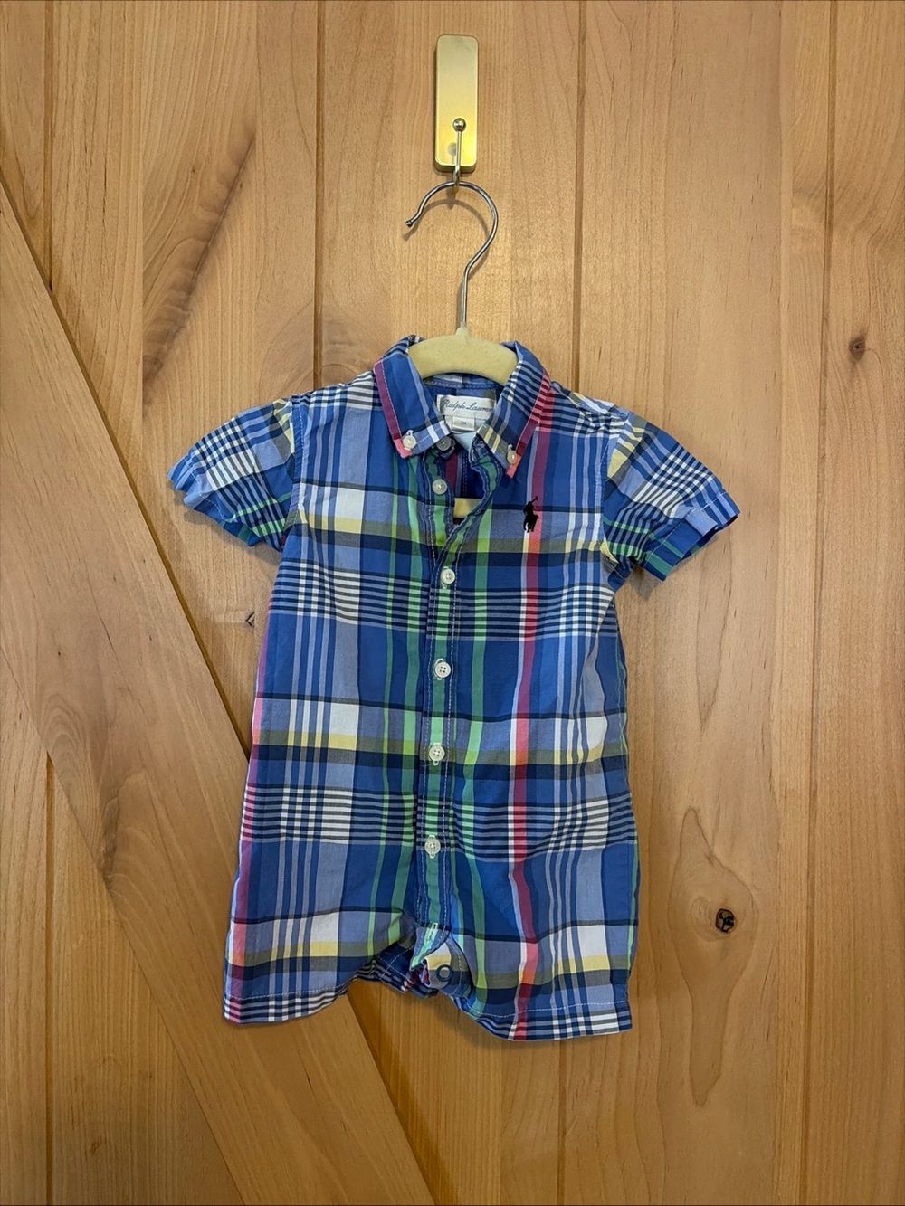 Ralph Lauren Baby Infant Boys Pastel Plaid Cotton Romper 3 Mo Short Sleeve Prep